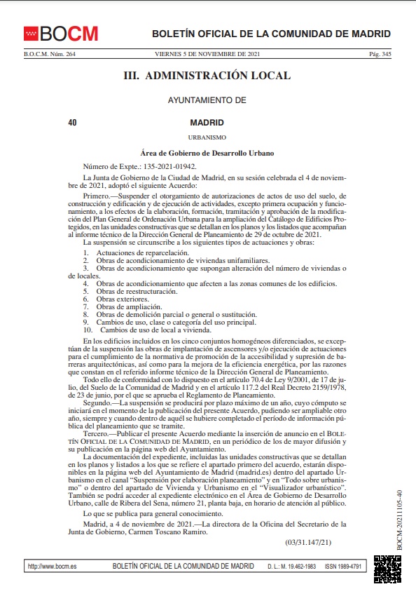 BOCM Suspensión Licencias y DR edificios afectados revisión catálogo protección arquitectónica