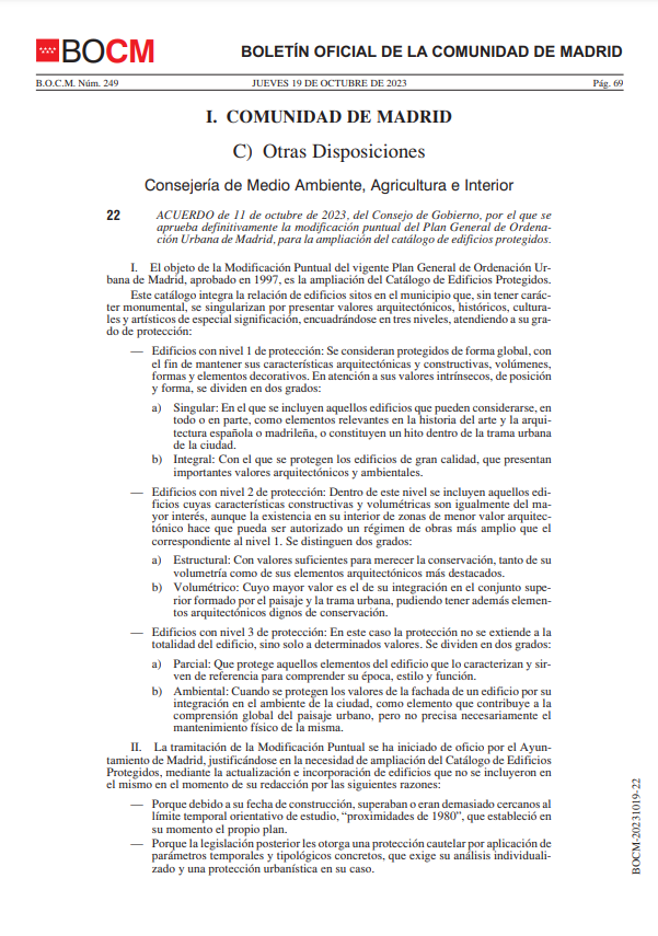 Publicación BOCM Aprobación Definitiva Ampliación Catálogo Edificios
